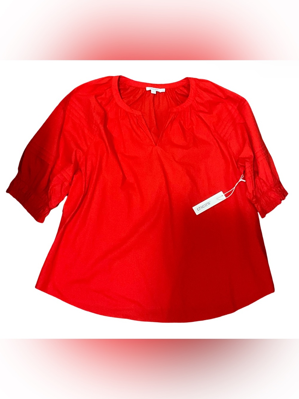 NWT Chico’s Women’s Size 3 Red Split Neck Ruched Sleeve Blouse Top